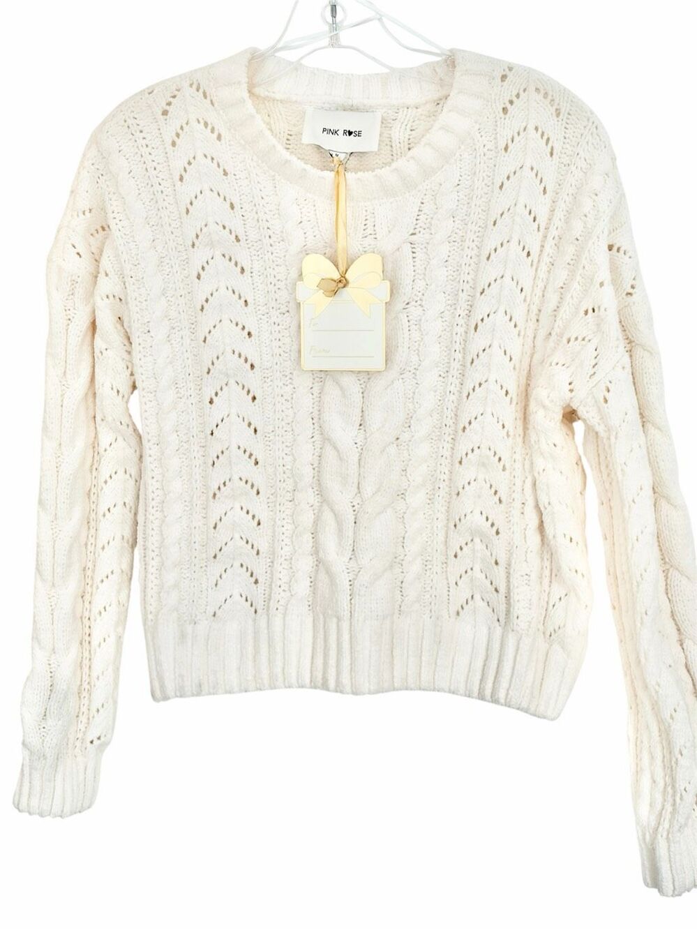 Pink Rose Cable Knit Women’s Ivory Sweater Sz M NWT